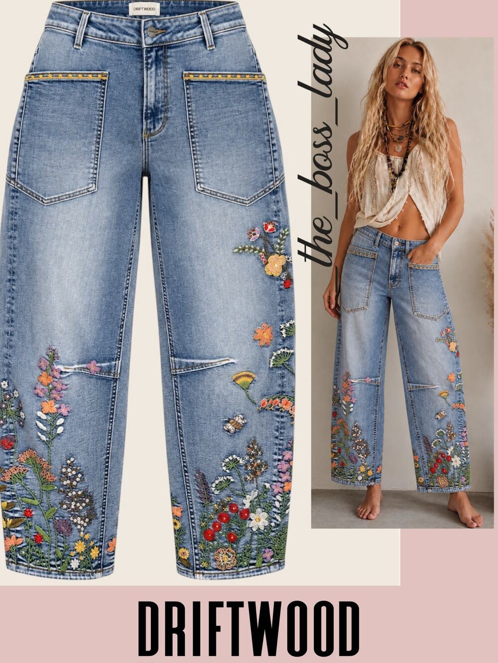 Driftwood barrel jeans relaxed wide-leg pants floral embroidered boho 26